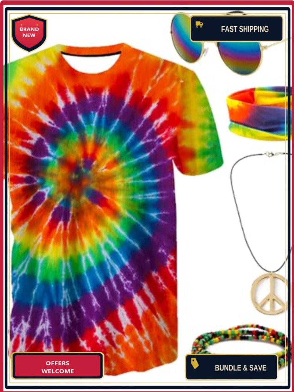 Hippie Costume Outfit Set Tie Dye Shirt Peace Necklace Sunglasses 60s 70s